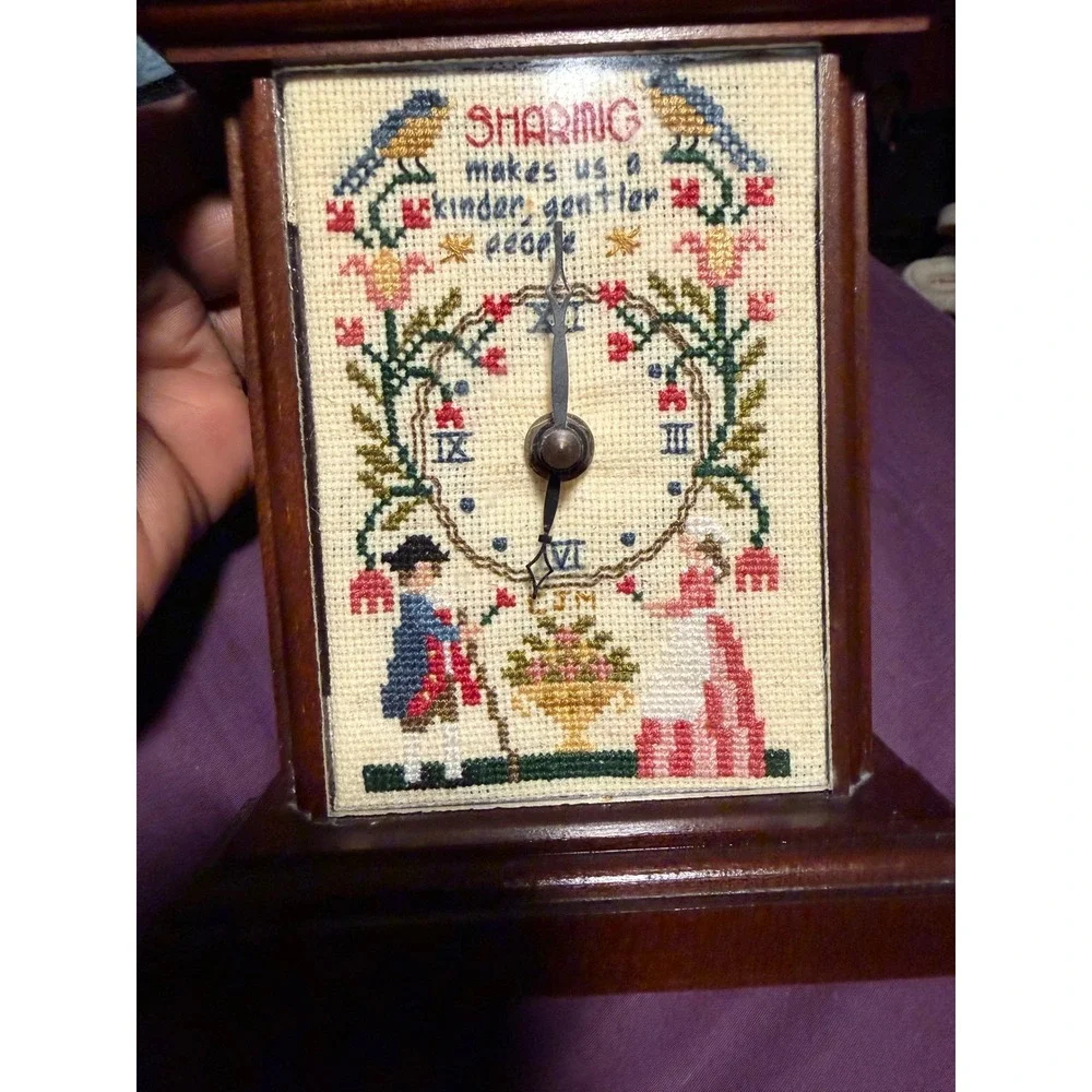 Vintage Wood Mantle Clock Cross Stitch FaceSharing KinderGentler People Folk Art